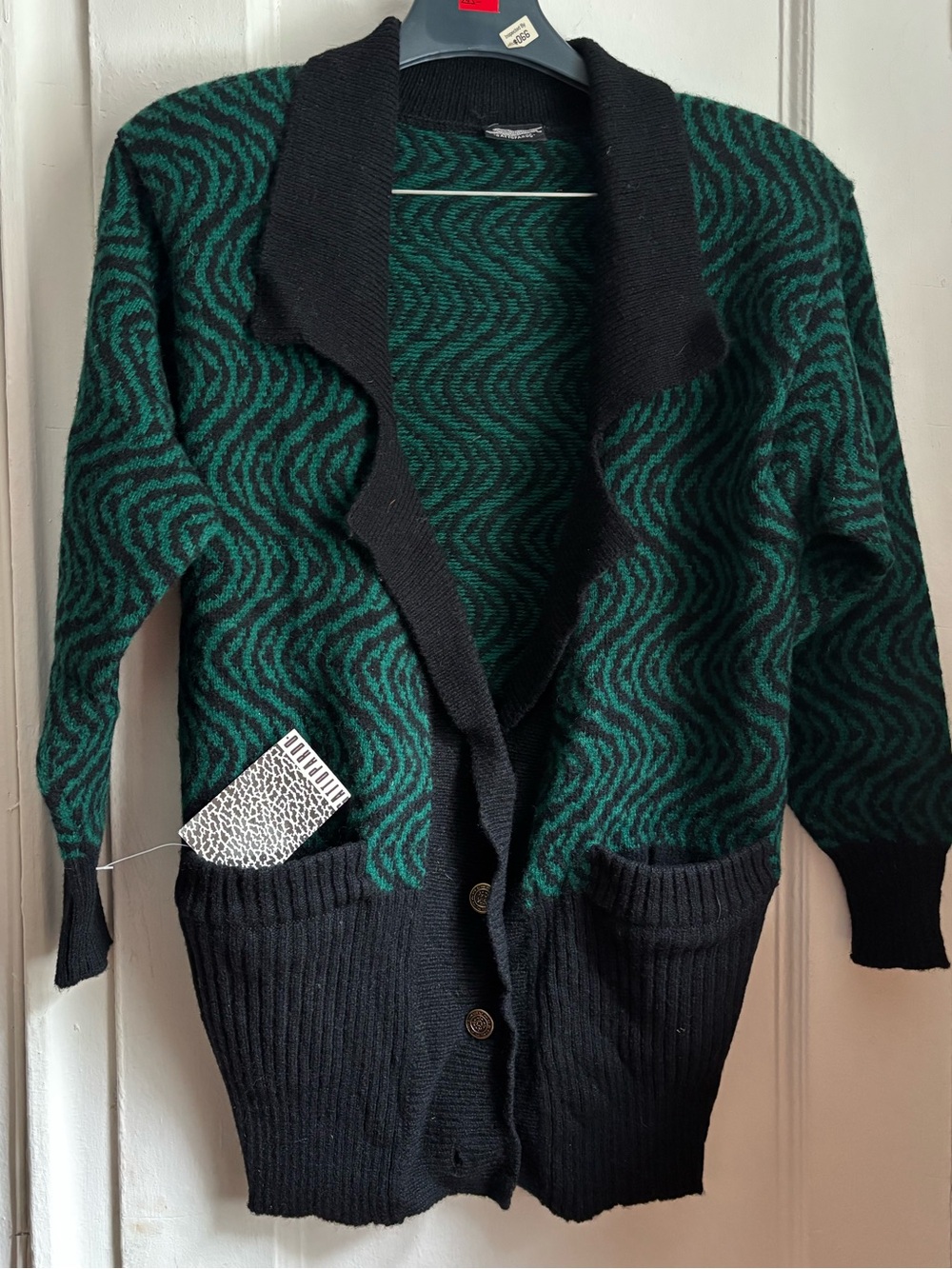 Green and Black Patterned Open-Front Cardigan Sweater